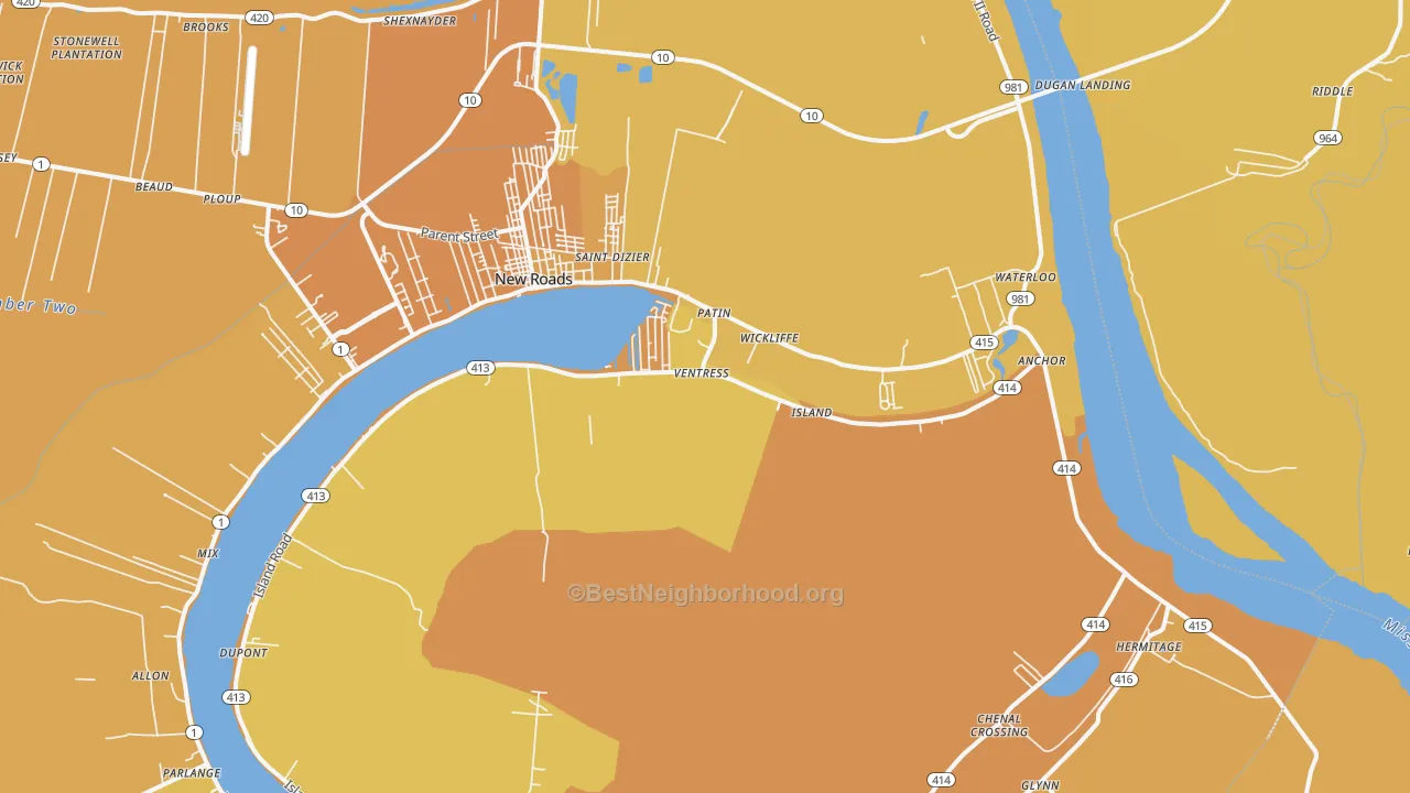 Map of the best neighborhoods in the Ventress area, with better matches in green and worse matches in red