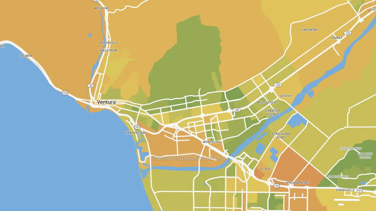 Map of the best neighborhoods in the Ventura area, with better matches in green and worse matches in red