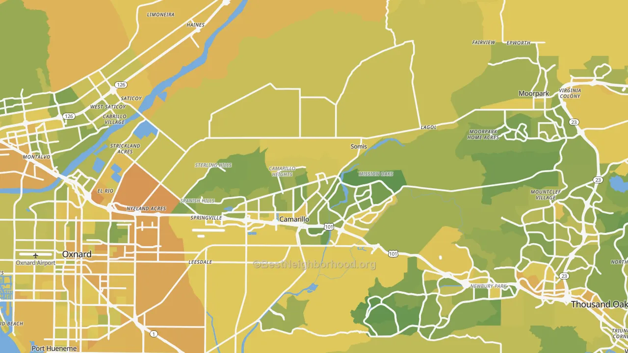 Map of the best neighborhoods in the Ventura County area, with better matches in green and worse matches in red