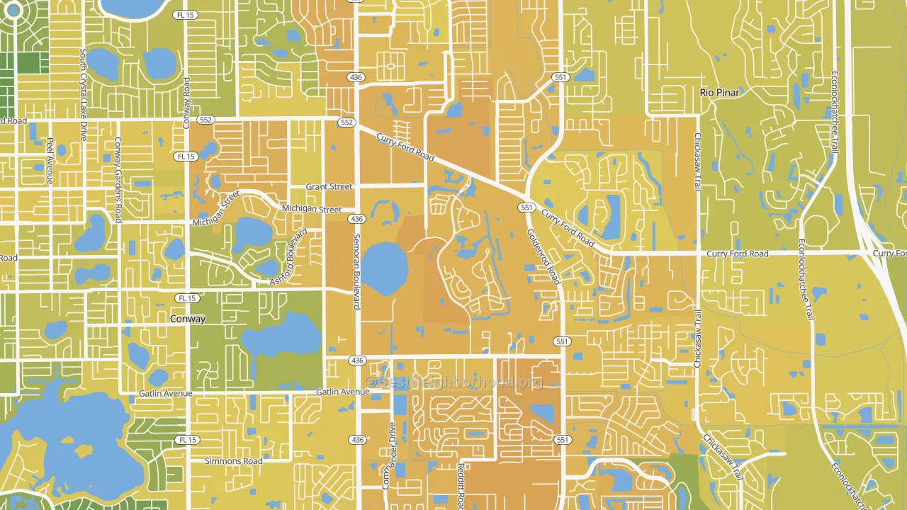 Map of the best neighborhoods in the Ventura, Orlando area, with better matches in green and worse matches in red
