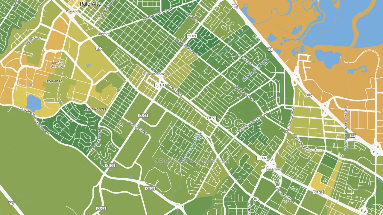 Map of the best neighborhoods in the Ventura, Palo Alto area, with better matches in green and worse matches in red