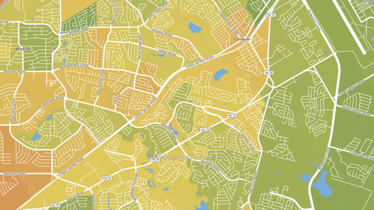 Map of the best neighborhoods in the Ventura, San Antonio area, with better matches in green and worse matches in red