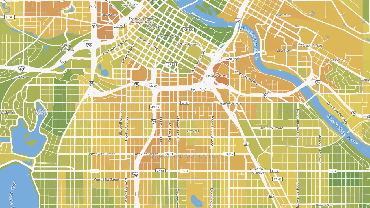 Map of the best neighborhoods in the Ventura Village, Minneapolis area, with better matches in green and worse matches in red