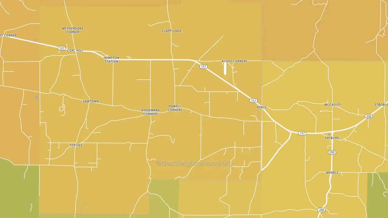 Map of the best neighborhoods in the Venus area, with better matches in green and worse matches in red