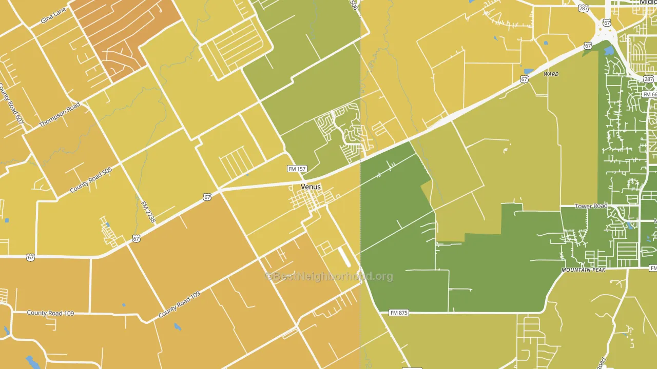 Map of the best neighborhoods in the Venus area, with better matches in green and worse matches in red