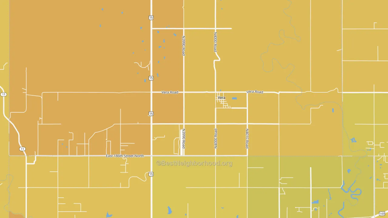 Map of the best neighborhoods in the Vera area, with better matches in green and worse matches in red