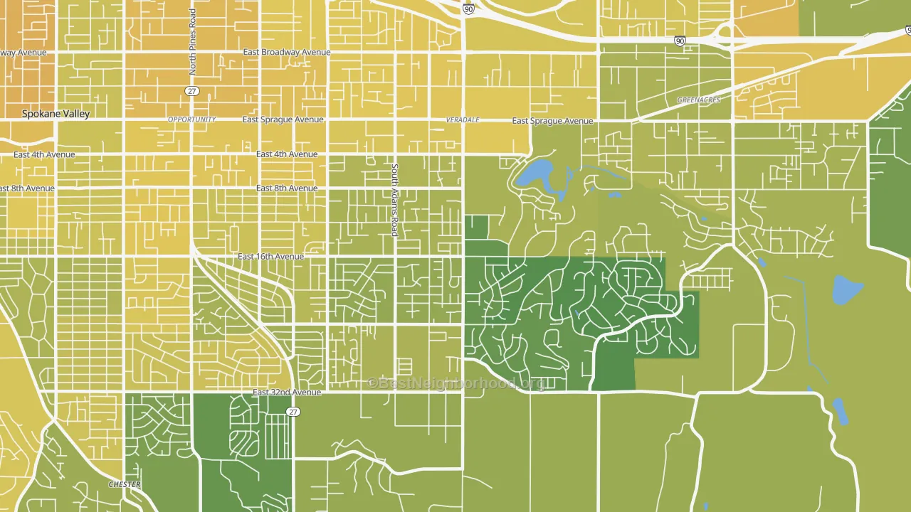 Map of the best neighborhoods in the Veradale area, with better matches in green and worse matches in red