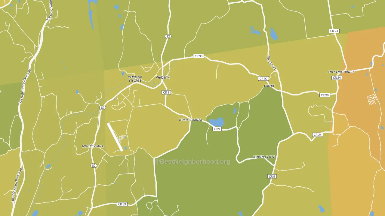 Map of the best neighborhoods in the Verbank area, with better matches in green and worse matches in red