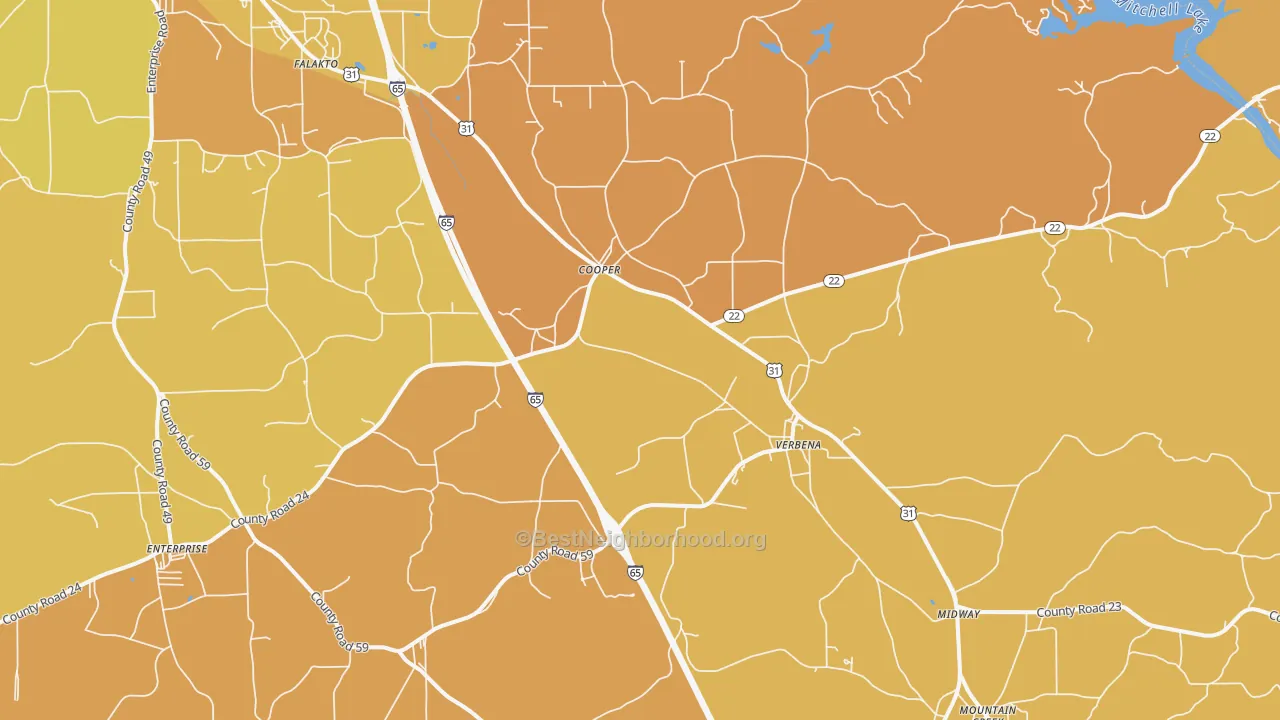 Map of the best neighborhoods in the Verbena area, with better matches in green and worse matches in red