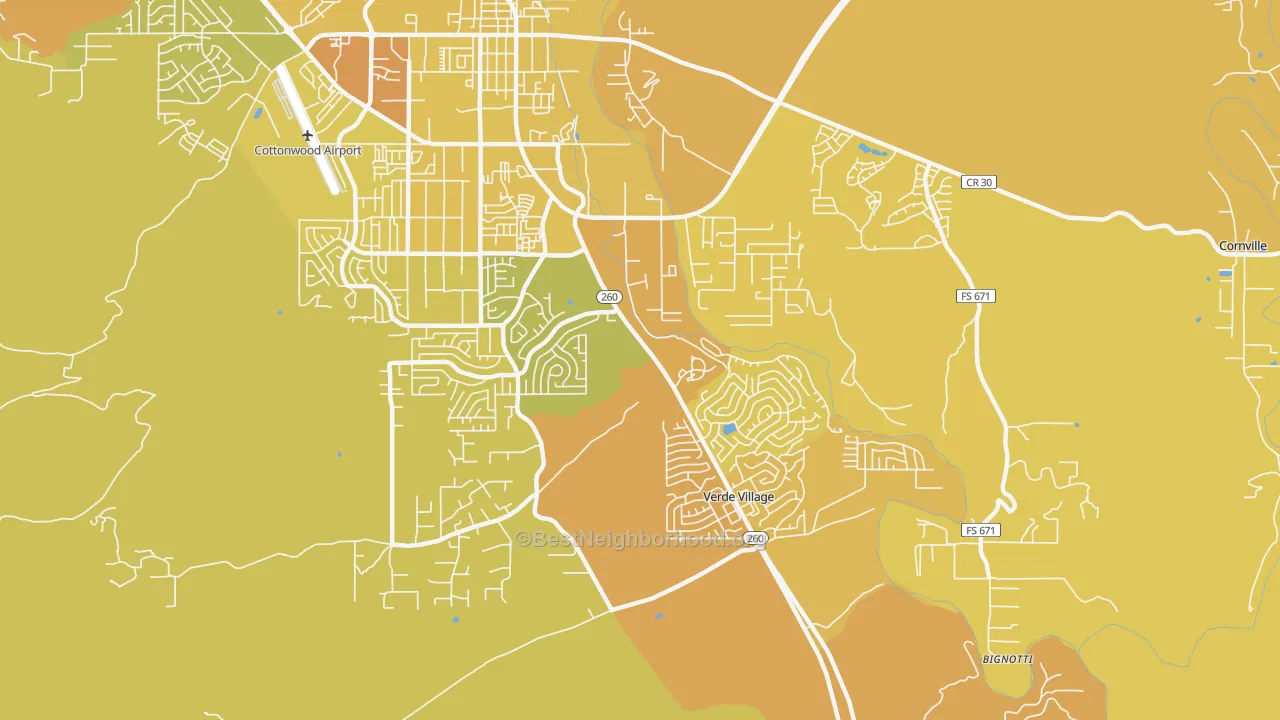 Map of the best neighborhoods in the Verde Village area, with better matches in green and worse matches in red