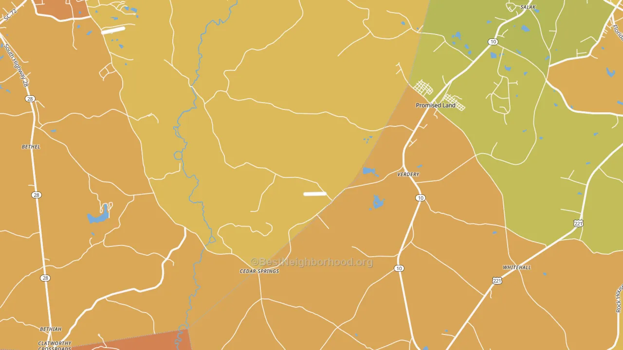 Map of the best neighborhoods in the Verdery area, with better matches in green and worse matches in red