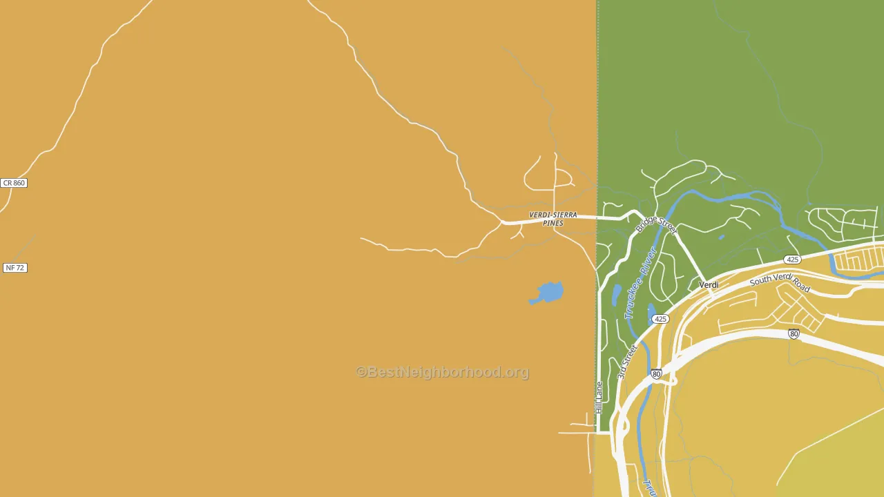 Map of the best neighborhoods in the Verdi area, with better matches in green and worse matches in red