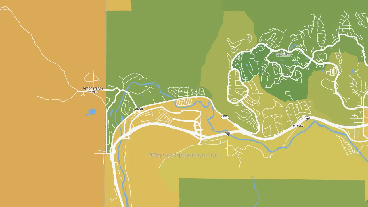 Map of the best neighborhoods in the Verdi area, with better matches in green and worse matches in red