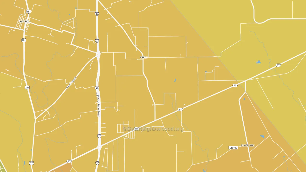 Map of the best neighborhoods in the Verdi area, with better matches in green and worse matches in red