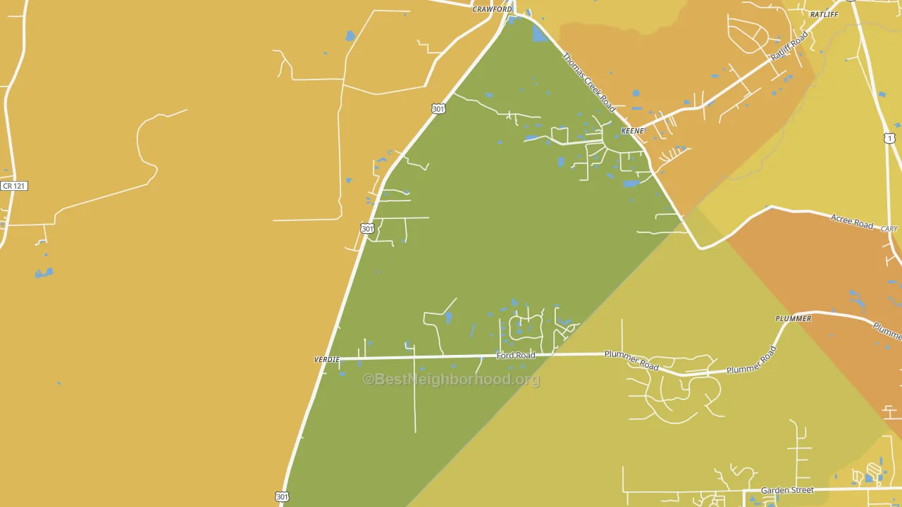 Map of the best neighborhoods in the Verdie area, with better matches in green and worse matches in red