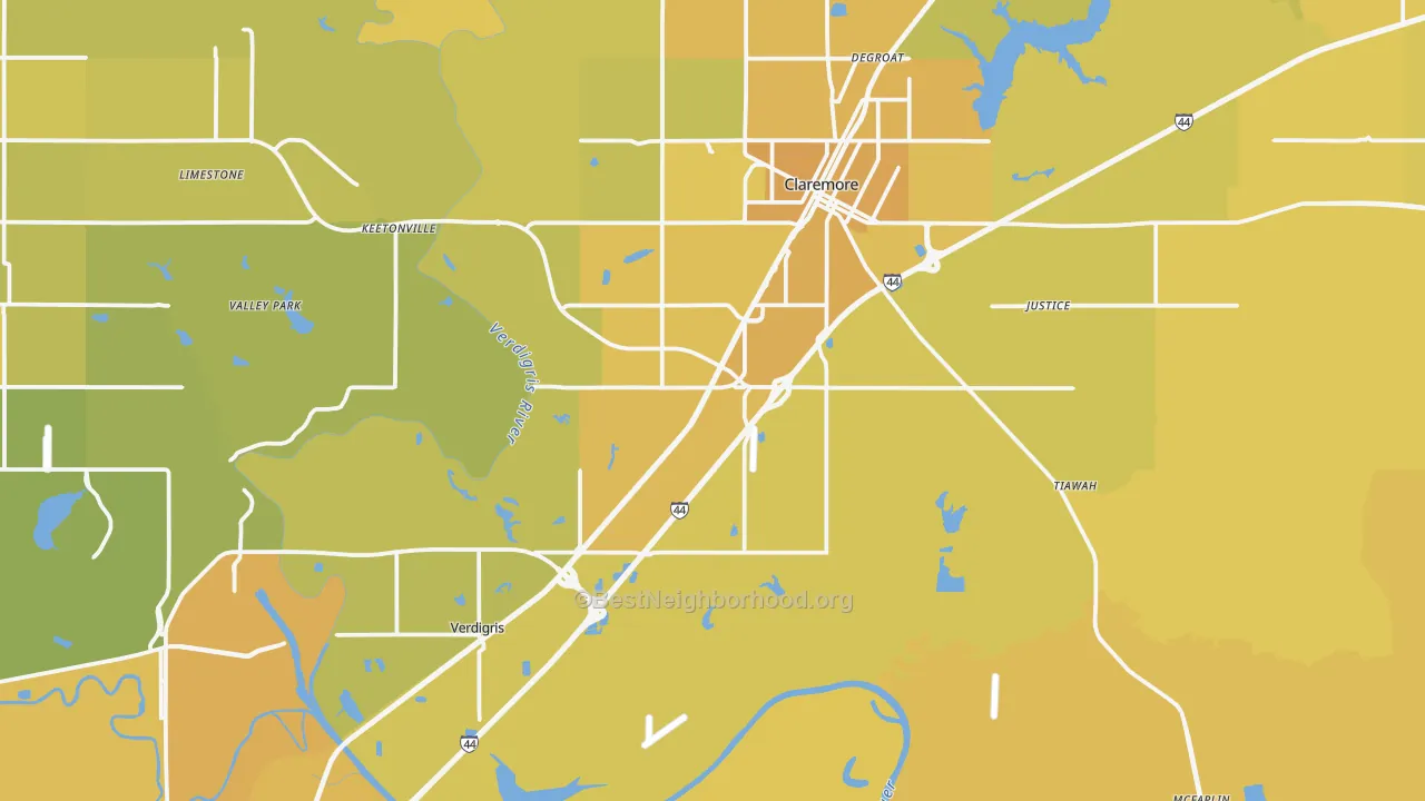 Map of the best neighborhoods in the Verdigris area, with better matches in green and worse matches in red