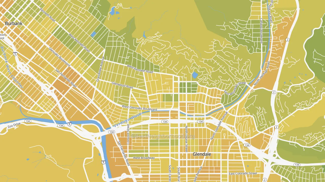 Map of the best neighborhoods in the Verdugo Viejo, Glendale area, with better matches in green and worse matches in red