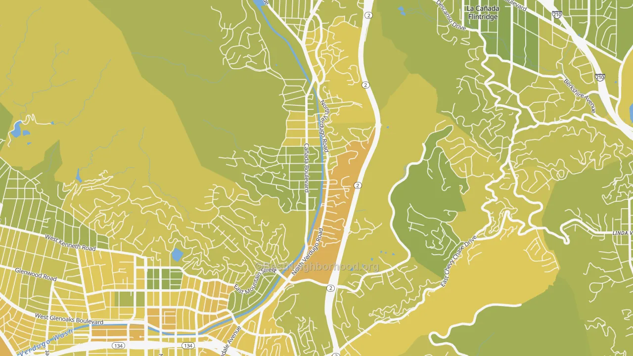 Map of the best neighborhoods in the Verdugo Woodlands, Glendale area, with better matches in green and worse matches in red