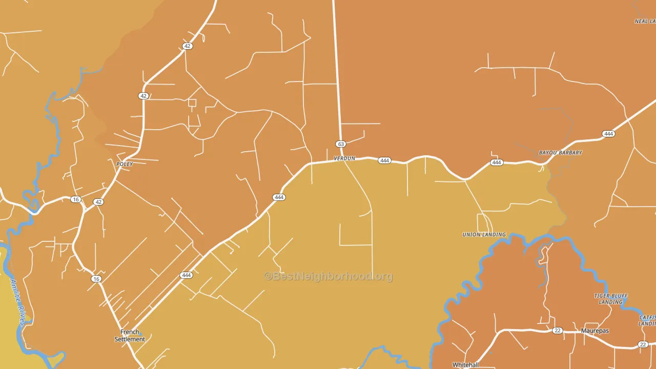 Map of the best neighborhoods in the Verdun area, with better matches in green and worse matches in red