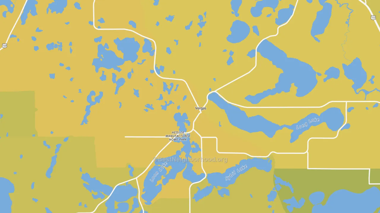 Map of the best neighborhoods in the Vergas area, with better matches in green and worse matches in red