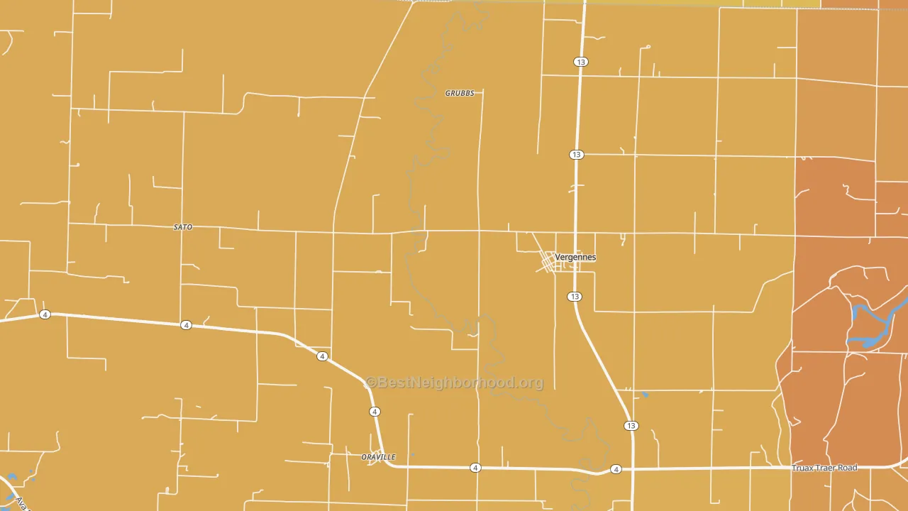Map of the best neighborhoods in the Vergennes area, with better matches in green and worse matches in red
