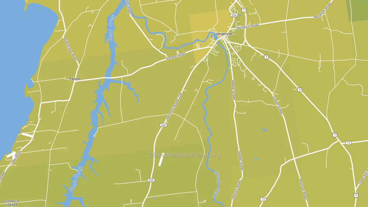Map of the best neighborhoods in the Vergennes area, with better matches in green and worse matches in red