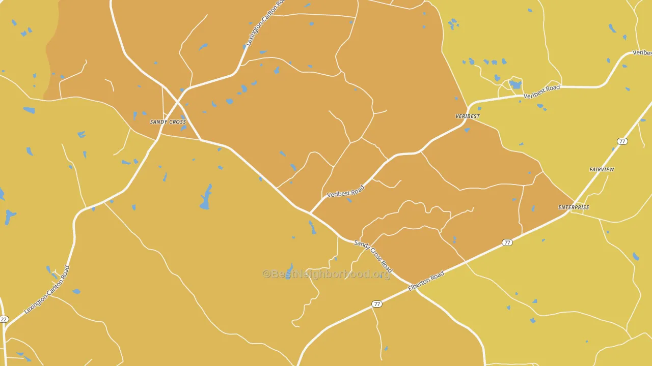 Map of the best neighborhoods in the Veribest area, with better matches in green and worse matches in red