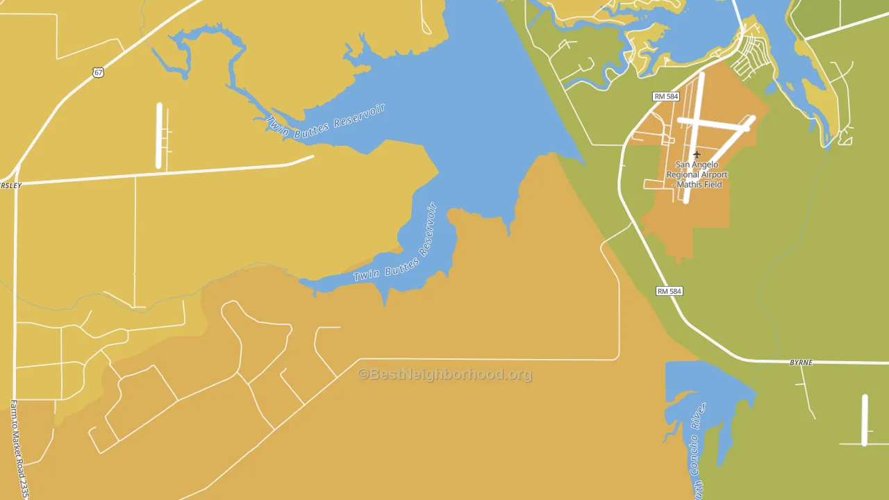 Map of the best neighborhoods in the Veribest area, with better matches in green and worse matches in red