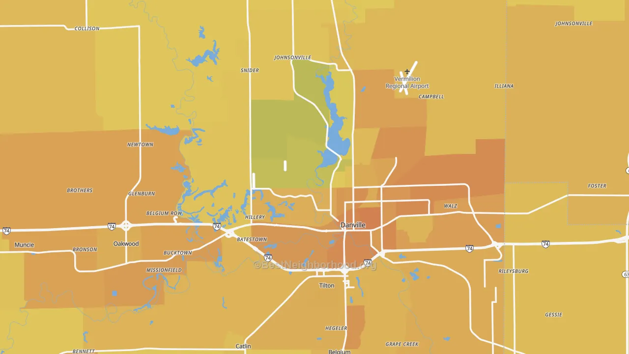 Map of the best neighborhoods in the Vermilion County area, with better matches in green and worse matches in red