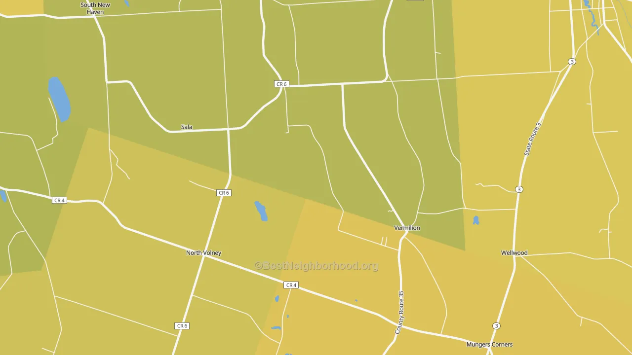 Map of the best neighborhoods in the Vermilion area, with better matches in green and worse matches in red