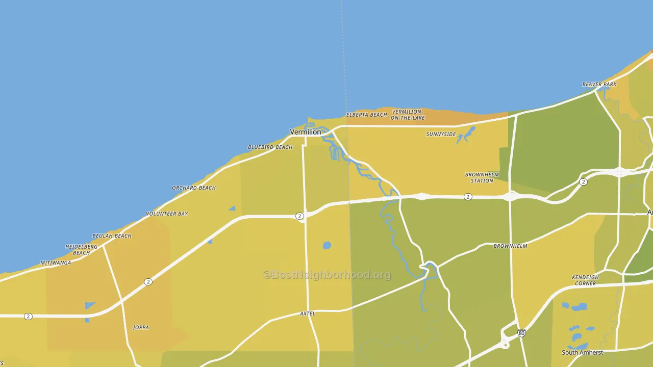 Map of the best neighborhoods in the Vermilion area, with better matches in green and worse matches in red