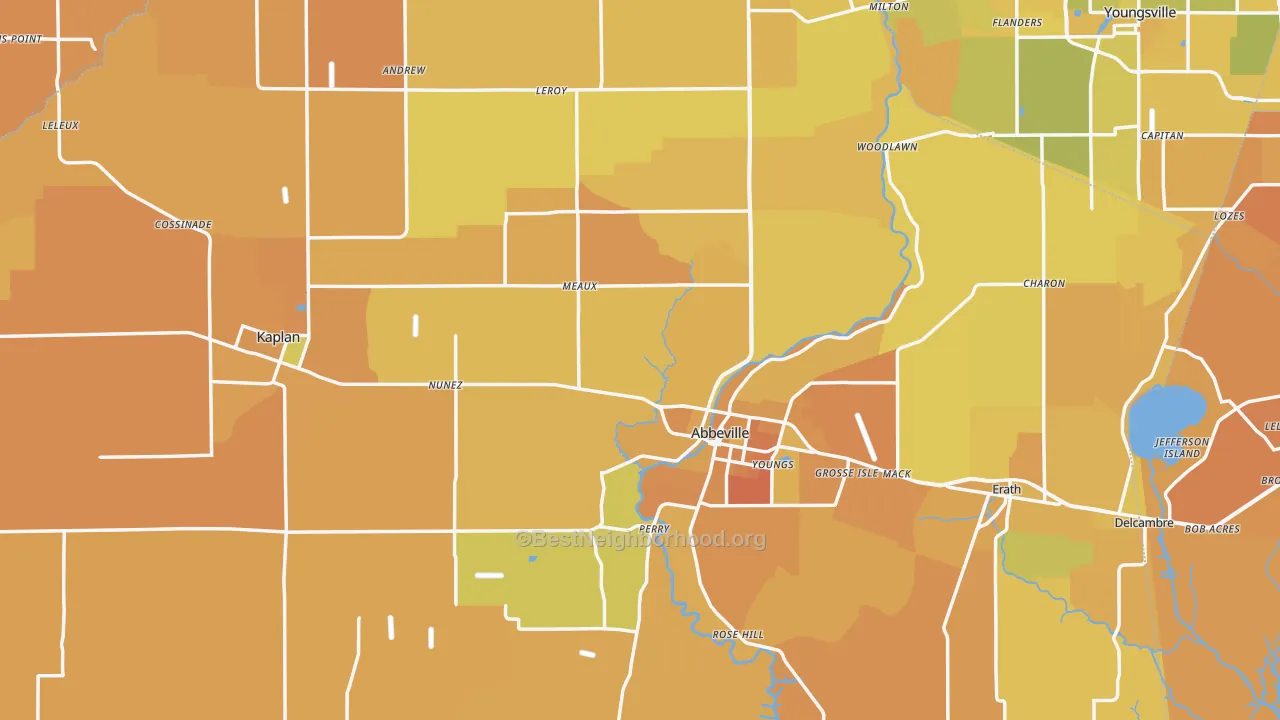 Map of the best neighborhoods in the Vermilion Parish area, with better matches in green and worse matches in red