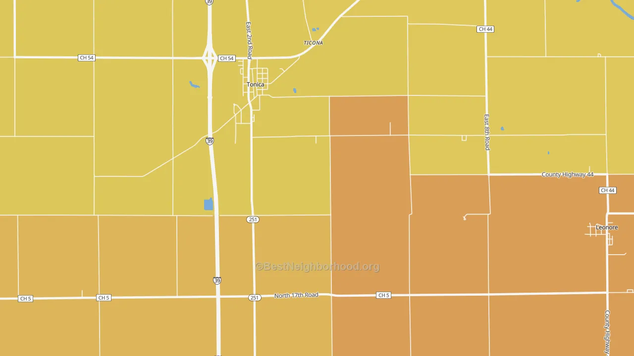 Map of the best neighborhoods in the Vermilionville area, with better matches in green and worse matches in red