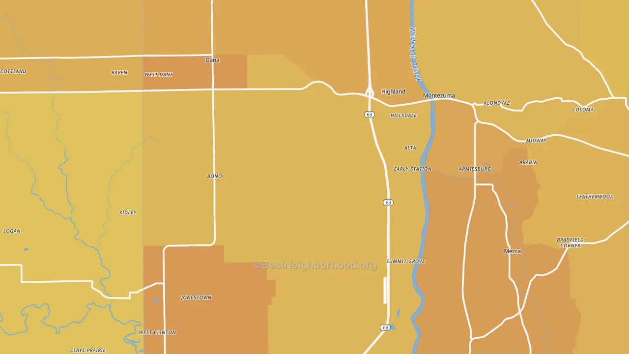 Map of the best neighborhoods in the Vermillion County area, with better matches in green and worse matches in red