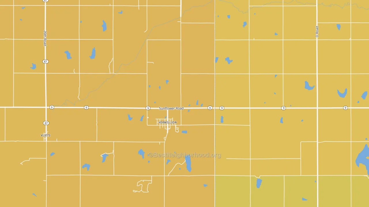 Map of the best neighborhoods in the Vermillion area, with better matches in green and worse matches in red