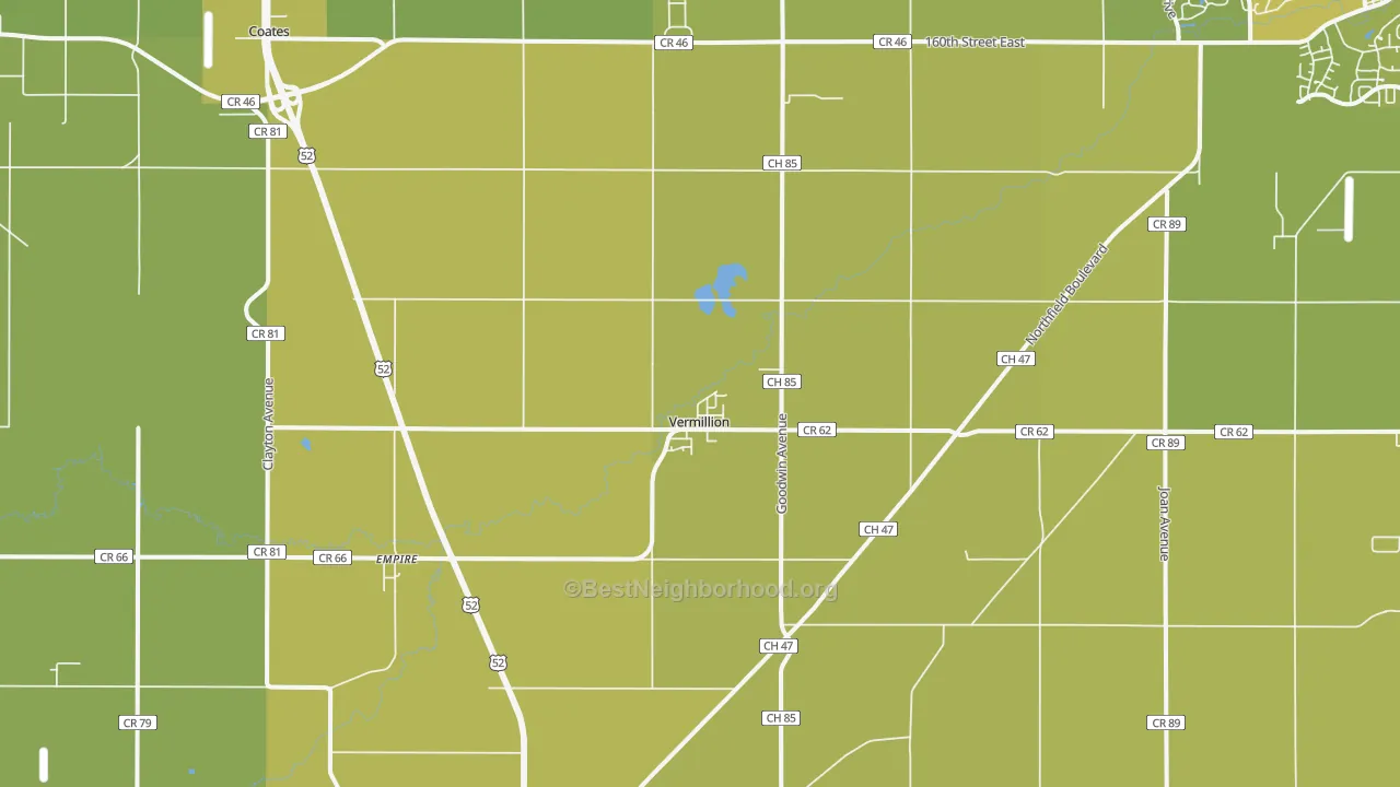 Map of the best neighborhoods in the Vermillion area, with better matches in green and worse matches in red