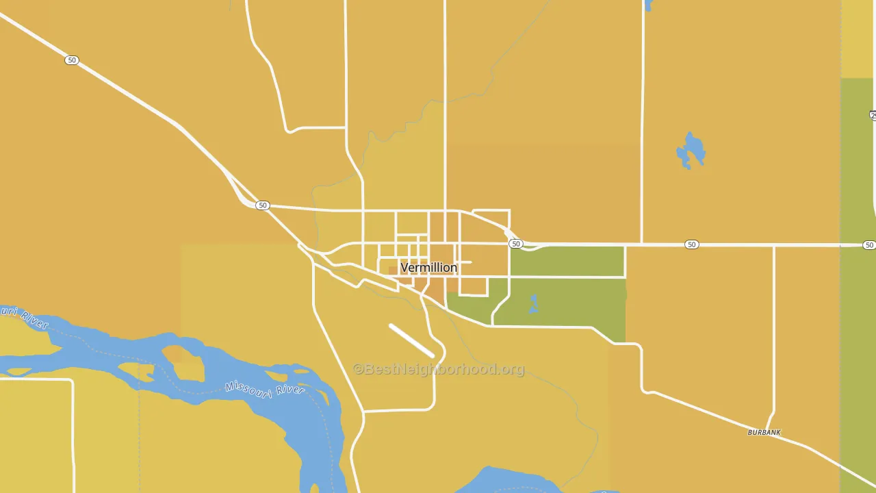 Map of the best neighborhoods in the Vermillion area, with better matches in green and worse matches in red