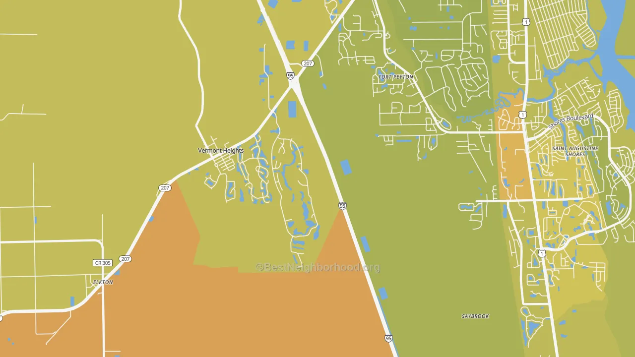 Map of the best neighborhoods in the Vermont Heights area, with better matches in green and worse matches in red