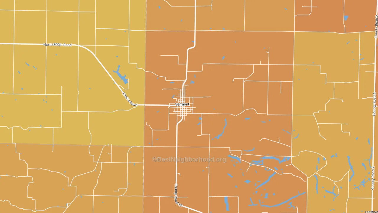 Map of the best neighborhoods in the Vermont area, with better matches in green and worse matches in red