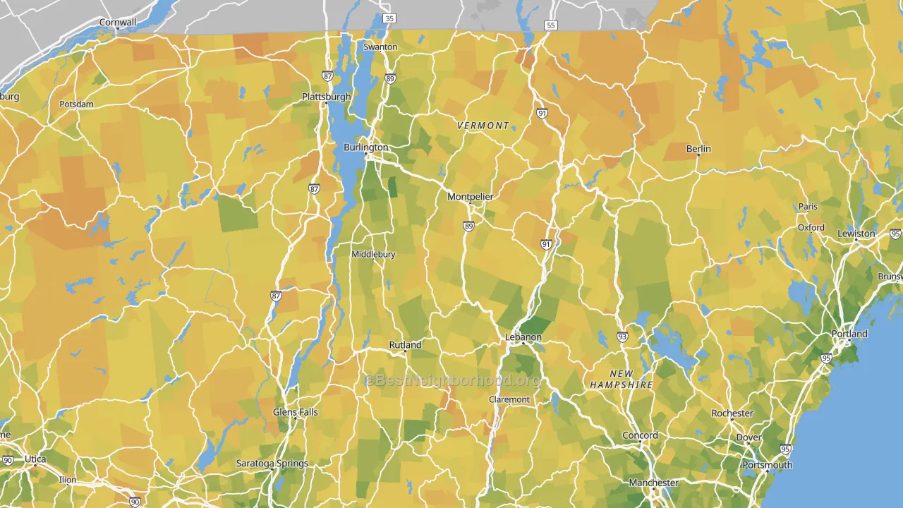 Map of the best neighborhoods in the Vermont area, with better matches in green and worse matches in red