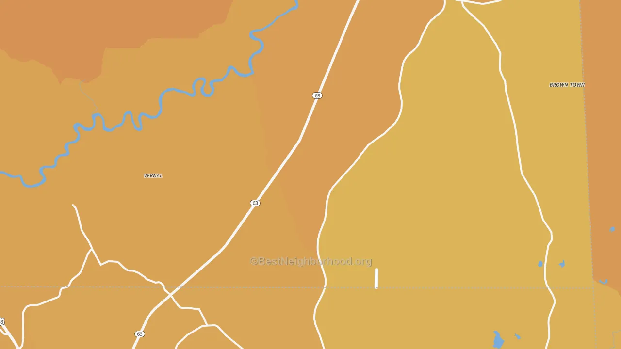 Map of the best neighborhoods in the Vernal area, with better matches in green and worse matches in red