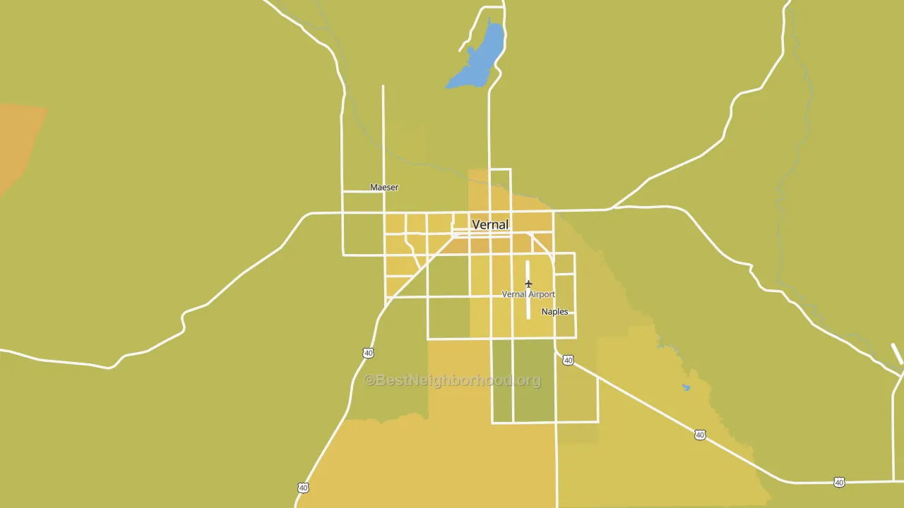 Map of the best neighborhoods in the Vernal area, with better matches in green and worse matches in red