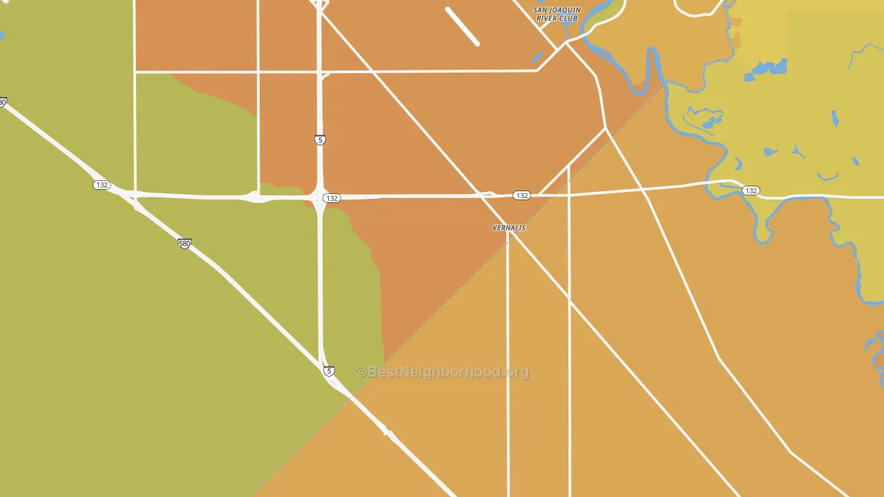 Map of the best neighborhoods in the Vernalis area, with better matches in green and worse matches in red