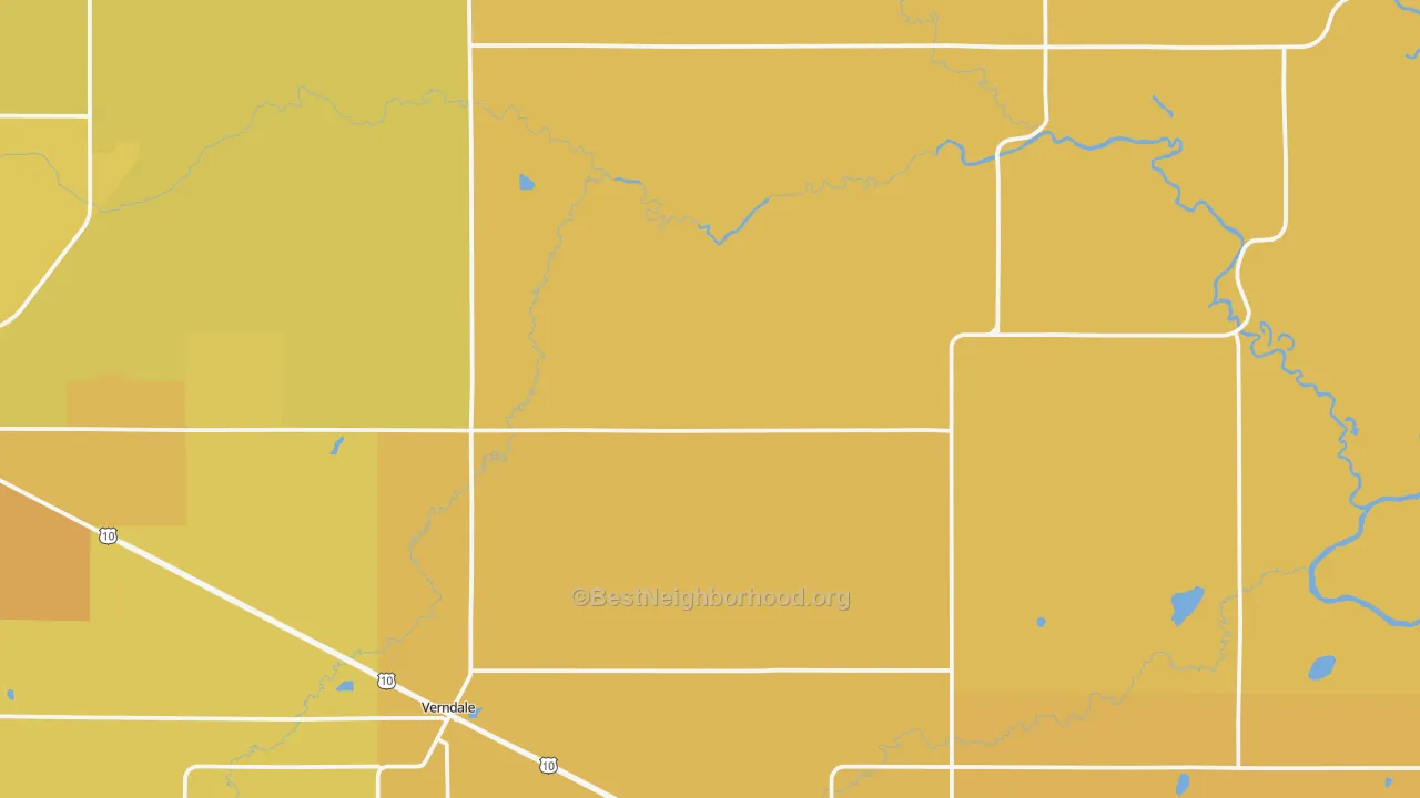 Map of the best neighborhoods in the Verndale area, with better matches in green and worse matches in red