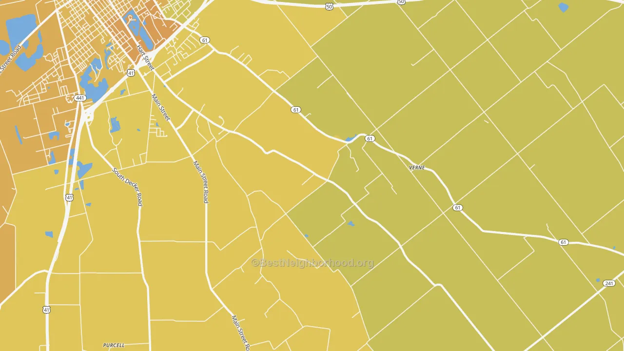 Map of the best neighborhoods in the Verne area, with better matches in green and worse matches in red