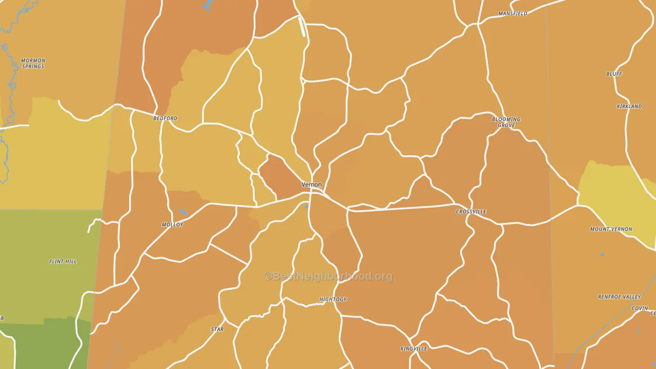 Map of the best neighborhoods in the Vernon area, with better matches in green and worse matches in red