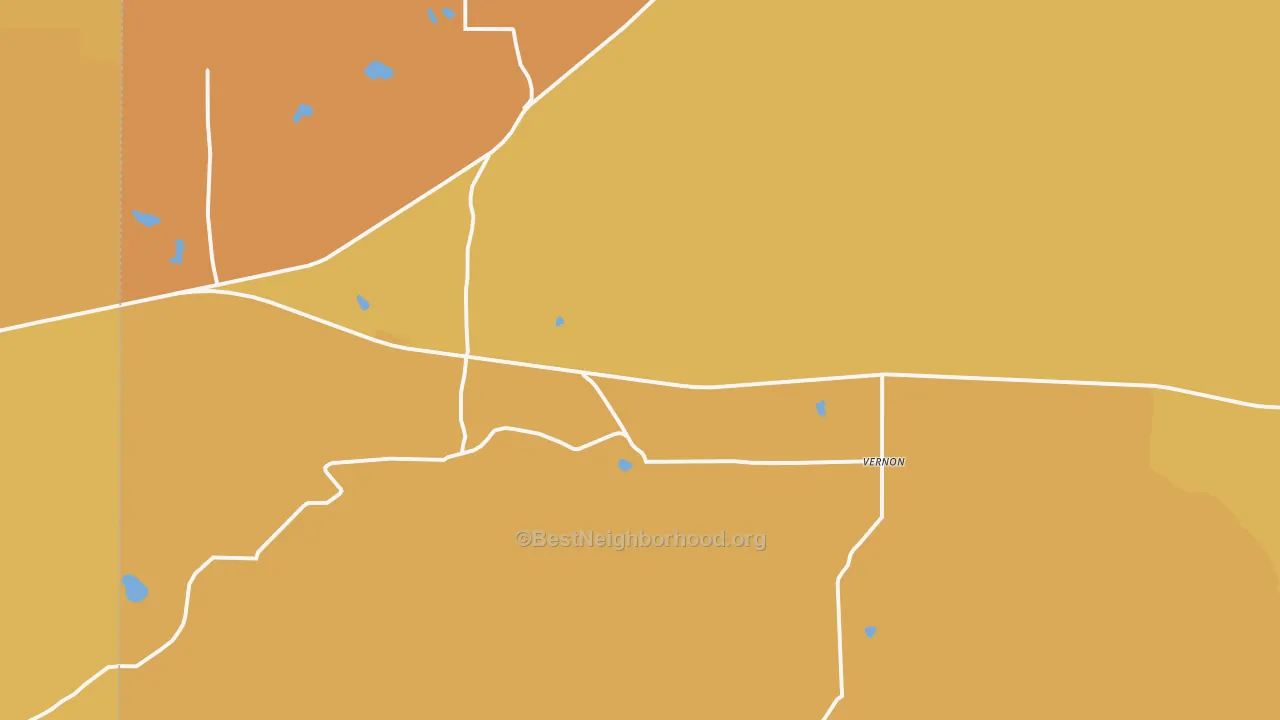 Map of the best neighborhoods in the Vernon area, with better matches in green and worse matches in red