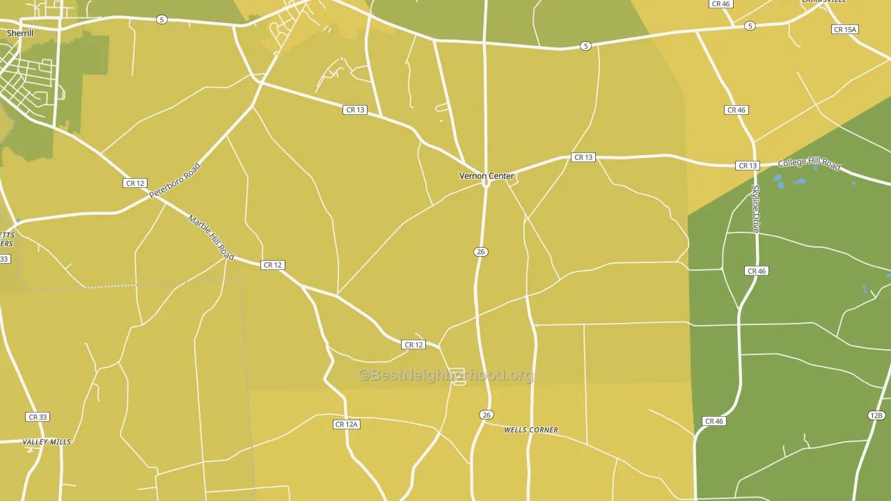Map of the best neighborhoods in the Vernon Center area, with better matches in green and worse matches in red