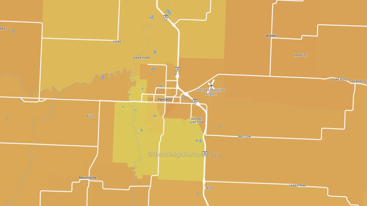 Map of the best neighborhoods in the Vernon County area, with better matches in green and worse matches in red