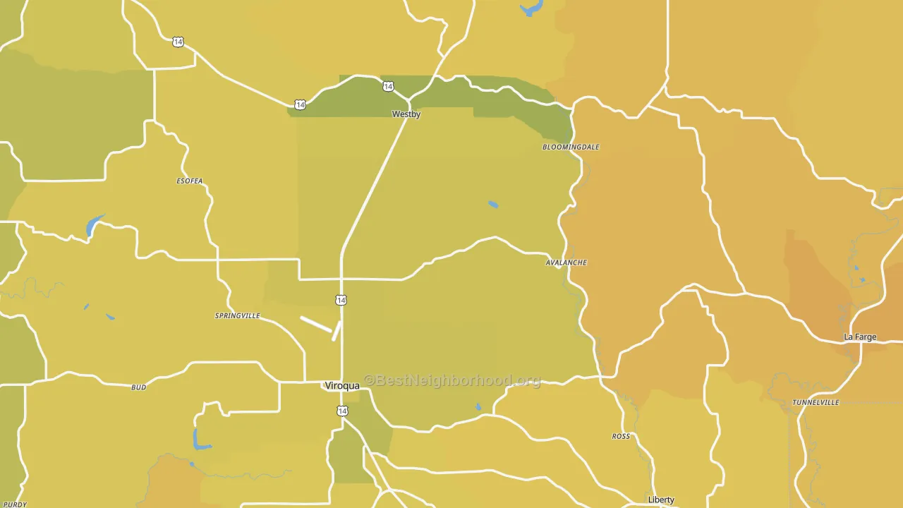 Map of the best neighborhoods in the Vernon County area, with better matches in green and worse matches in red